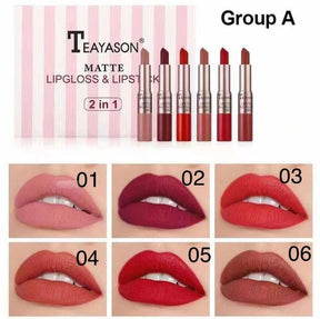 TEAYASON - 2 In 1 Matte Lipgloss & Lipstick Set Tray - 6Pcs/Set